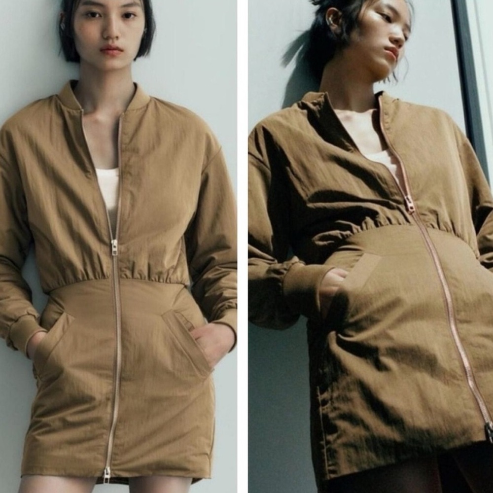 ZARA PADDED OLIVE GREEN KHAKI MINI BOMBER DRESS OR LONG JACKET LIGHTWEIGHT SZ L